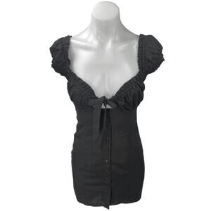 Princess Polly Black Linen Short Puff Sleeve Tie Button Up Mini Bodycon Dress 2